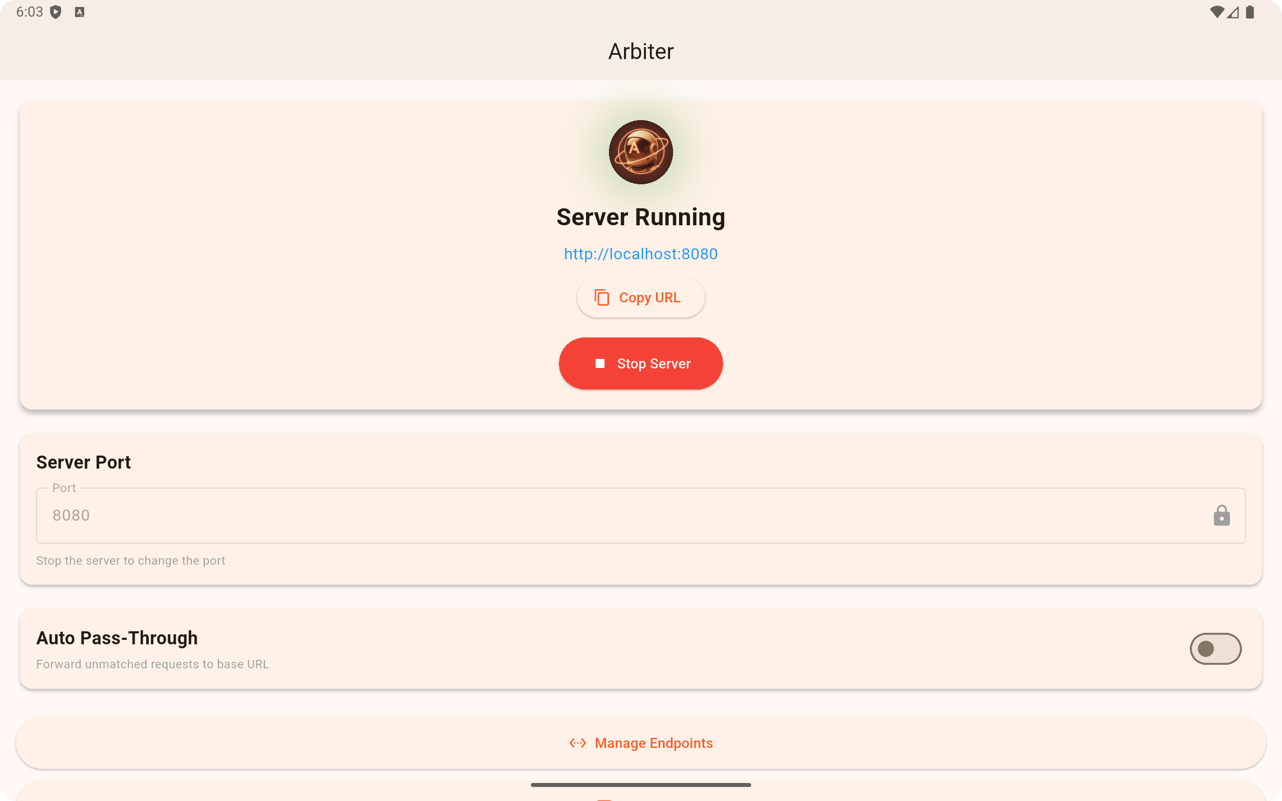 Arbiter dashboard with the mock server running