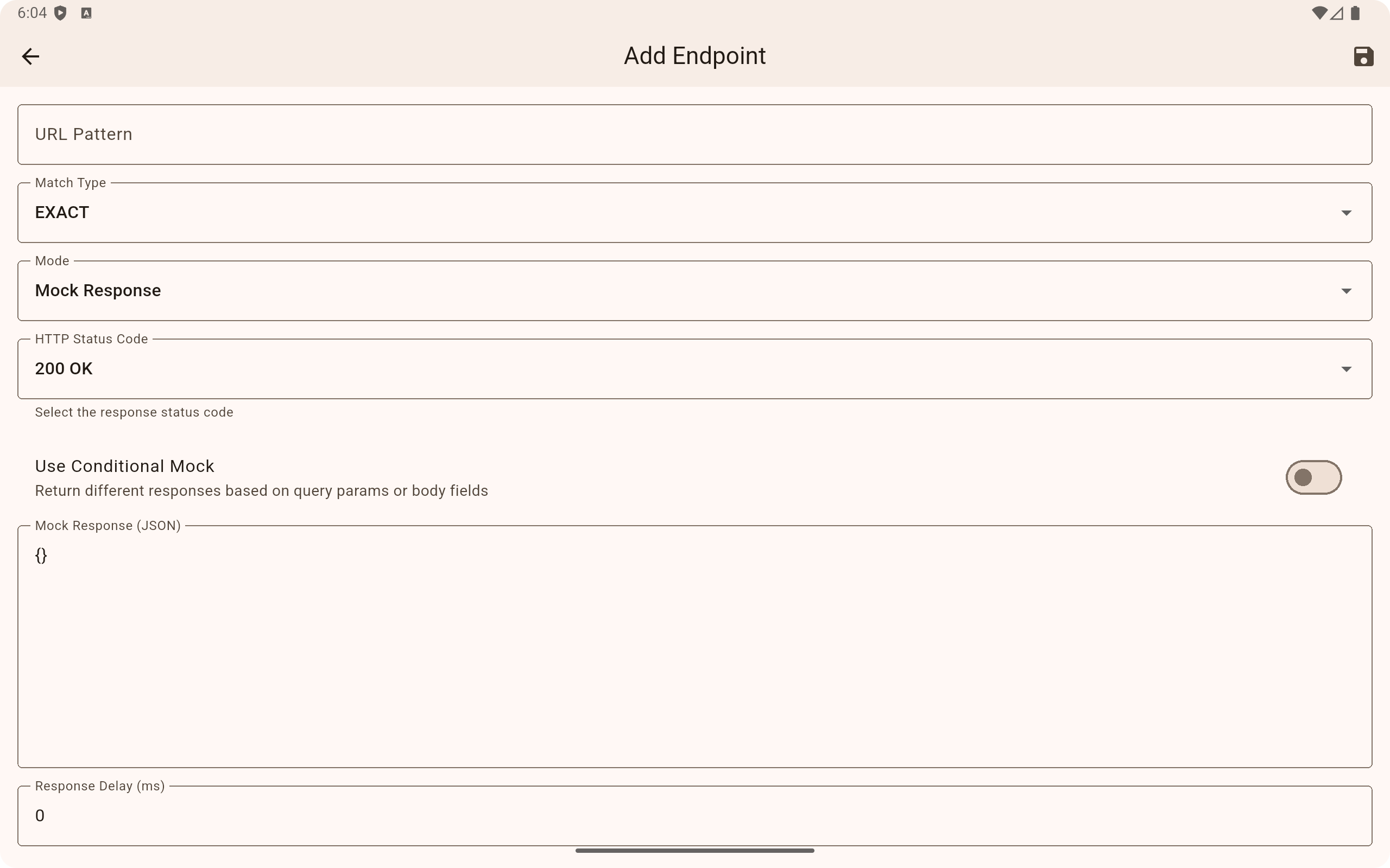 Add Endpoint screen with mock JSON response