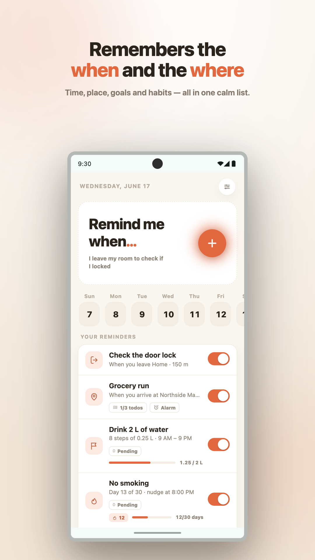 Home screen with all reminders in one calm list