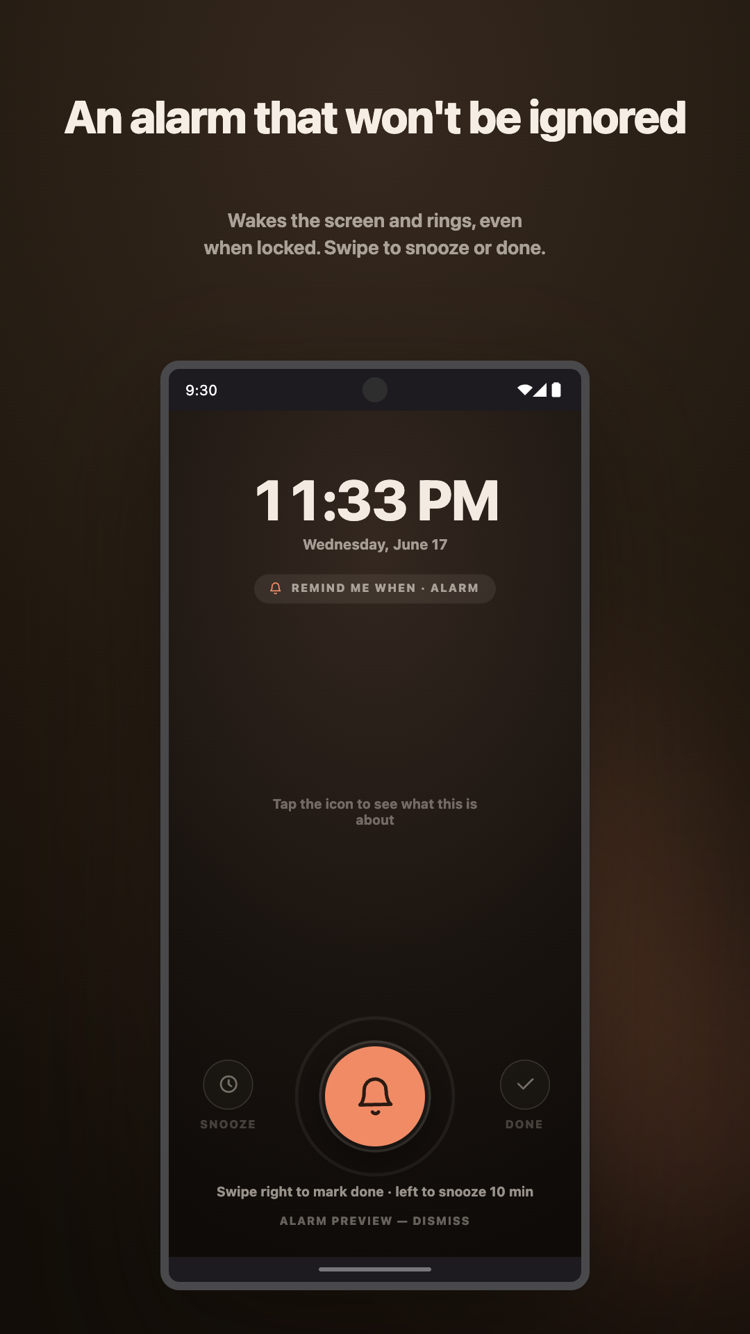 Full-screen alarm that rings even when locked