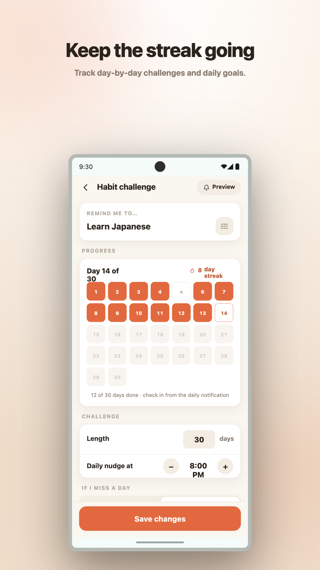 Habit challenge tracking a daily streak